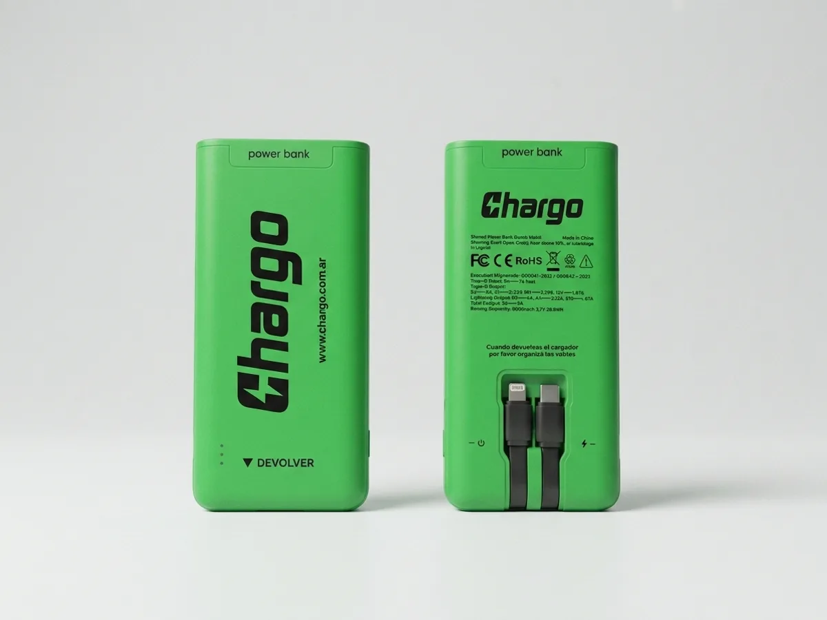 Two Chargo batteries standing front and back on a light background