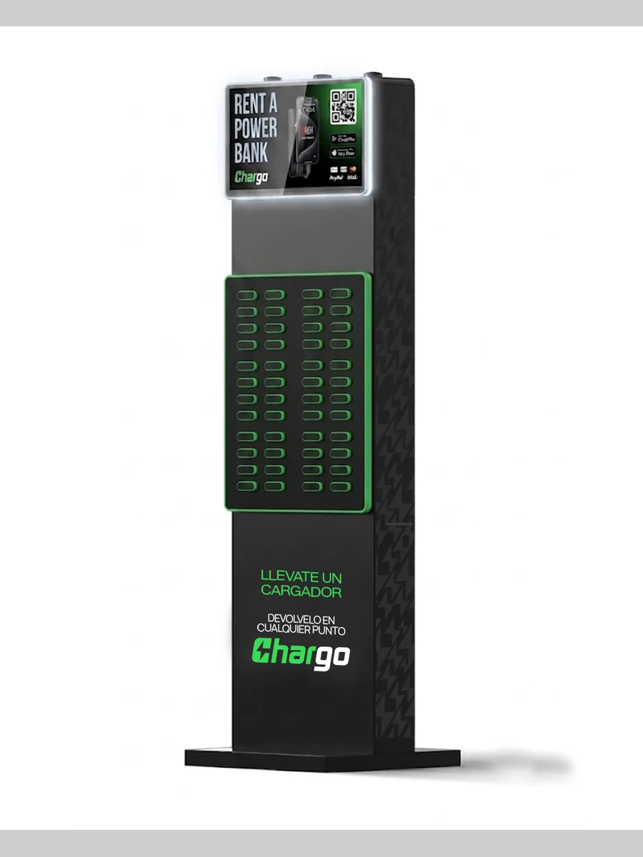 Estación de carga Chargo de 48 baterías nueva generación, de pie, con pantalla vertical compacta