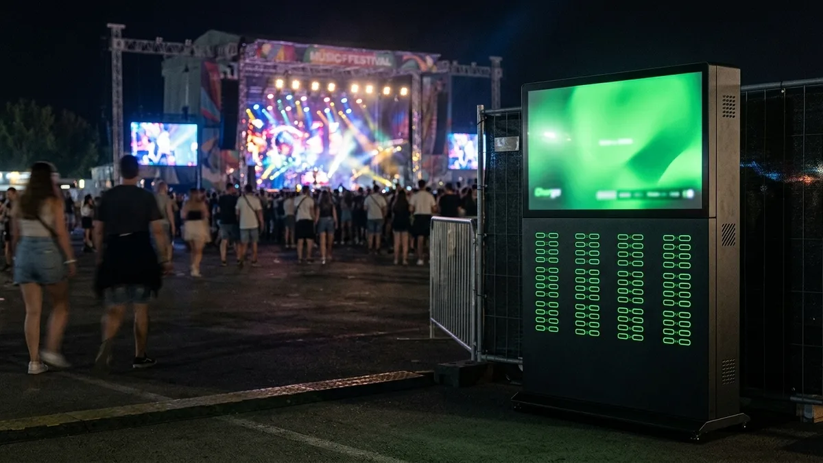 Estación de carga Chargo iluminada en un festival de música al aire libre