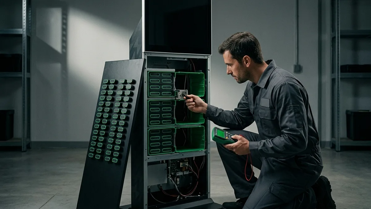 Chargo technician checking a station and its tray of batteries